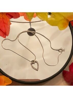 HEART DIAMOND NECKLACE STERLING SILVER SETTING AND CHAIN
